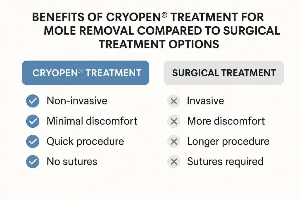 Table to show the benefits of getting moles removed Farnborough from LA LIPO