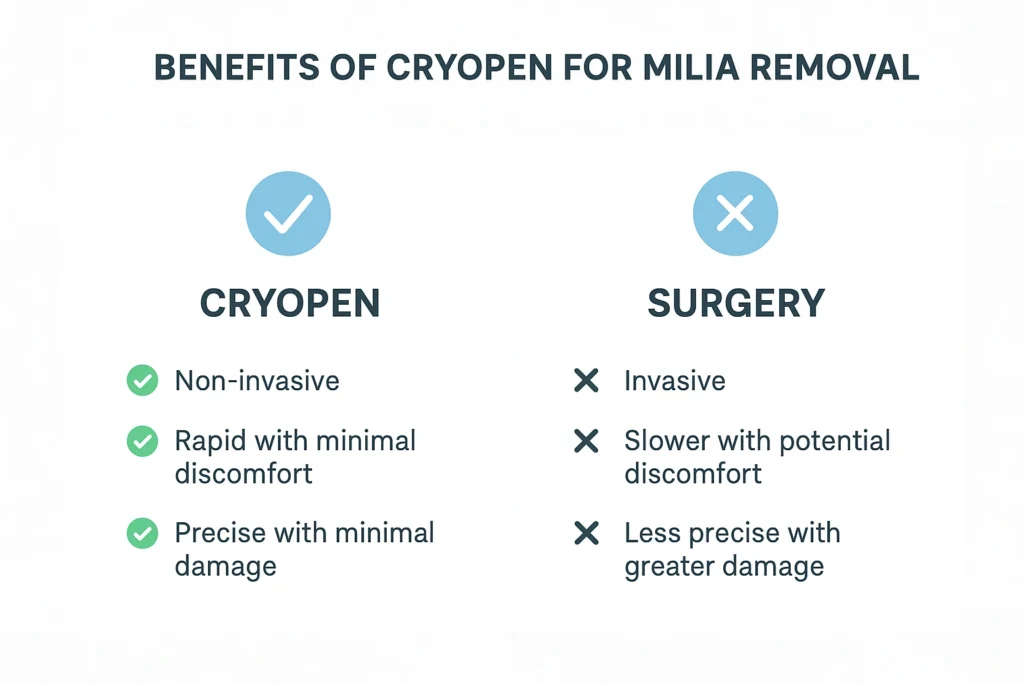 Benefits of cryopen for milia removal Farnborough compared to surgical treatments.