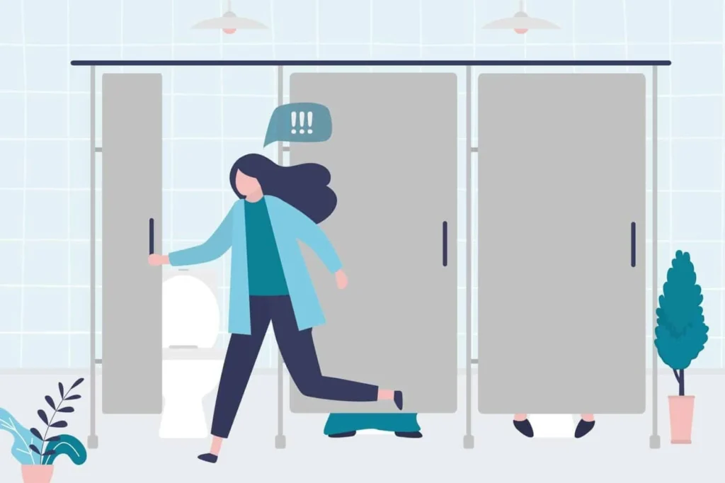 graphic of Urine incontinence Farnborough woman running to the toilet.