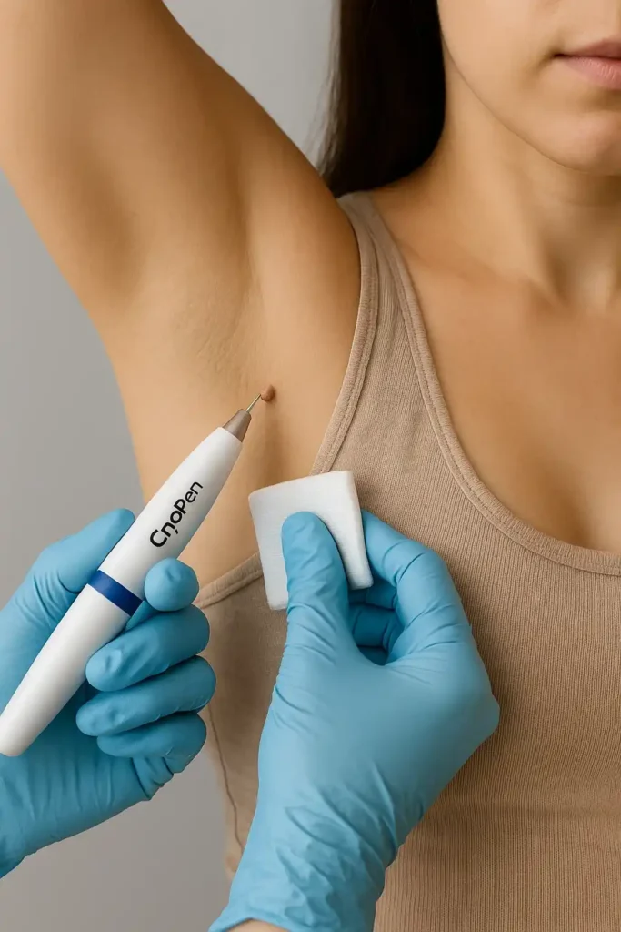 woman having cryopen to remove underarm skin tags Farnborough