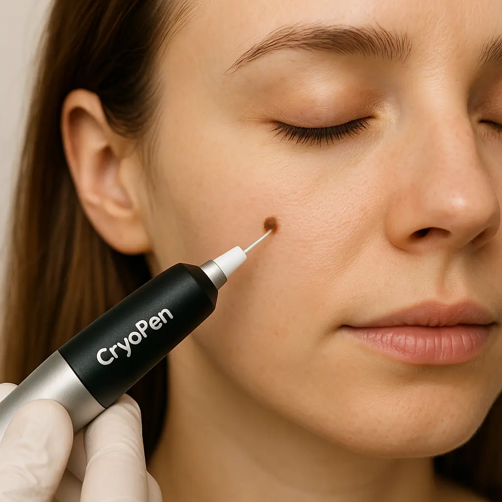 woman receiving facial mole removal Farnborough using cryopen 